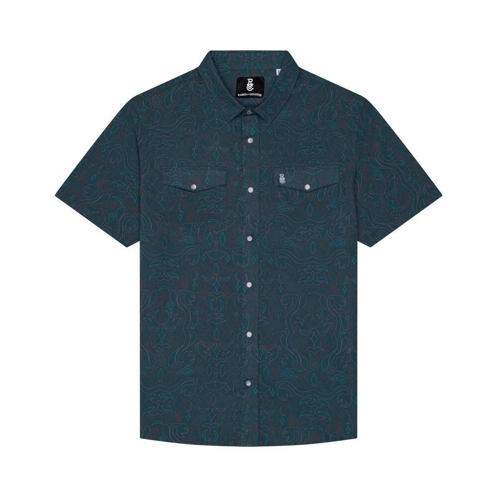 NEW RAISED BY COYOTES men's cowboy threads pearl snap shirt in blue